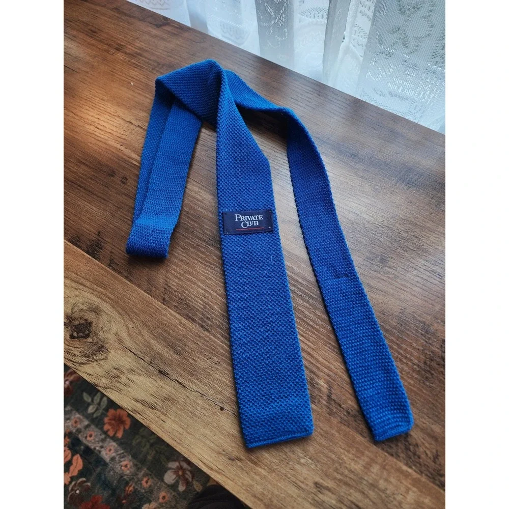 Vintage 100% Wool Knit Tie Square Flat Bottom Blue 70s Retro Academia Heritage